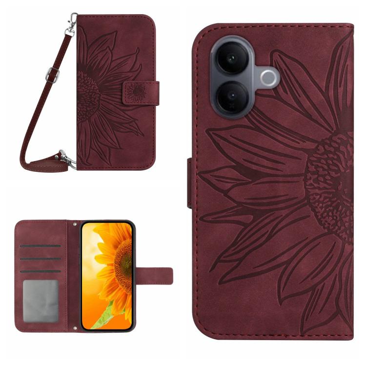 Skin Feel Custodia per telefono in pelle con flip in rilievo Sun Flower con cordino, For vivo V60 Lite 5G, For vivo V60 5G