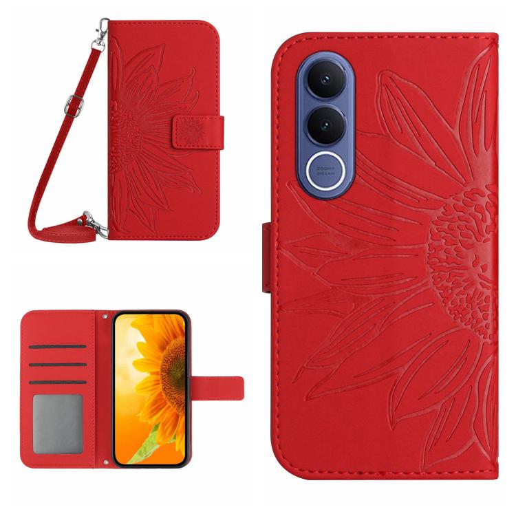 Skin Feel Custodia per telefono in pelle con flip in rilievo Sun Flower con cordino, For vivo V70 FE 5G, For vivo V70 5G Global / V70 Elite 5G