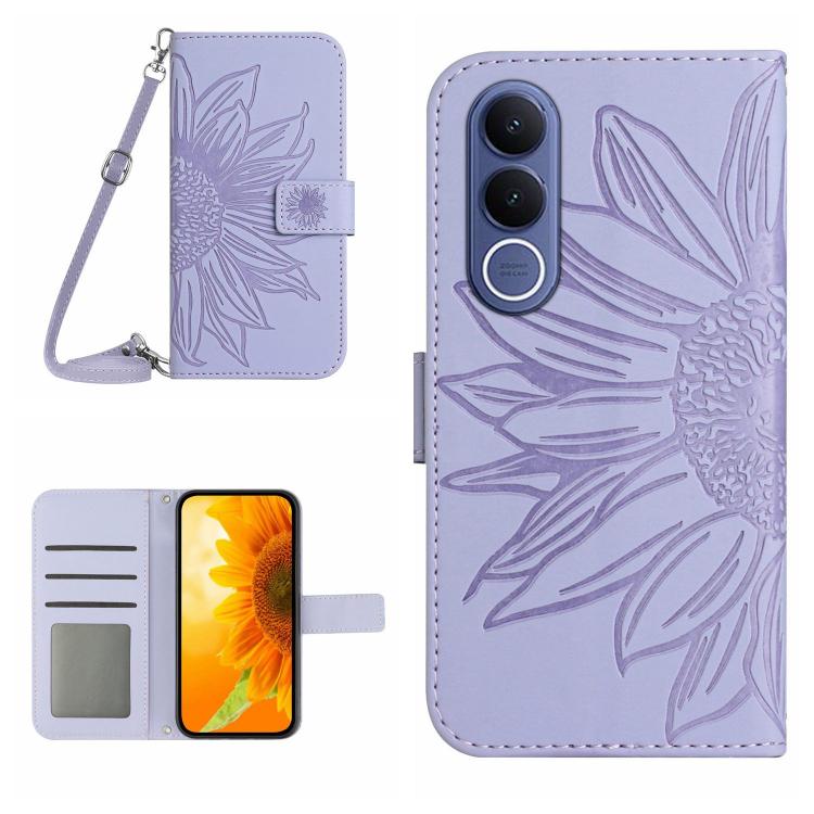 Skin Feel Custodia per telefono in pelle con flip in rilievo Sun Flower con cordino, For vivo V70 FE 5G, For vivo V70 5G Global / V70 Elite 5G
