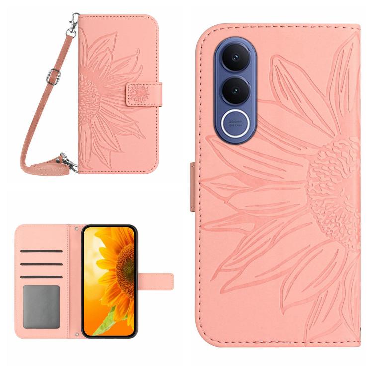 Skin Feel Custodia per telefono in pelle con flip in rilievo Sun Flower con cordino, For vivo V70 FE 5G, For vivo V70 5G Global / V70 Elite 5G