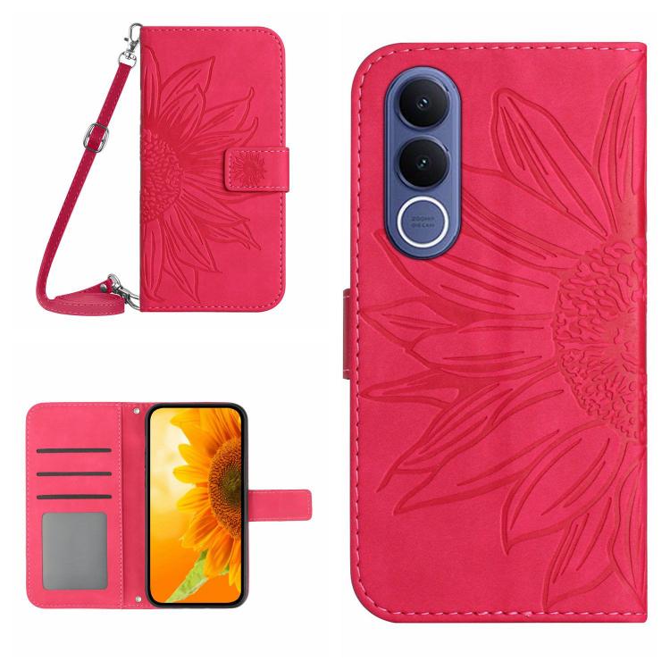 Skin Feel Custodia per telefono in pelle con flip in rilievo Sun Flower con cordino, For vivo V70 FE 5G, For vivo V70 5G Global / V70 Elite 5G