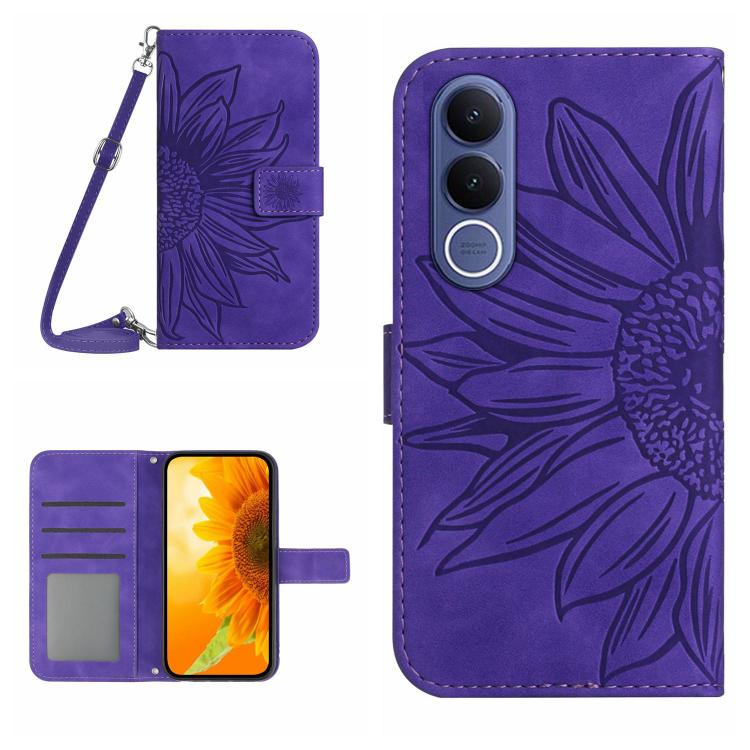Skin Feel Custodia per telefono in pelle con flip in rilievo Sun Flower con cordino, For vivo V70 FE 5G, For vivo V70 5G Global / V70 Elite 5G