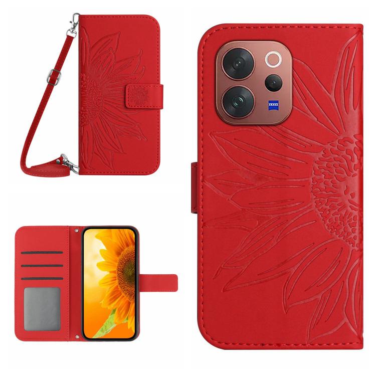 Skin Feel Custodia per telefono in pelle con flip in rilievo Sun Flower con cordino, For vivo V70 FE 5G, For vivo V70 5G Global / V70 Elite 5G