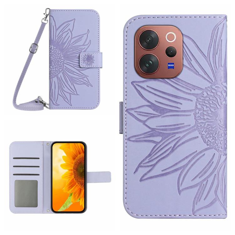 Skin Feel Custodia per telefono in pelle con flip in rilievo Sun Flower con cordino, For vivo V70 FE 5G, For vivo V70 5G Global / V70 Elite 5G