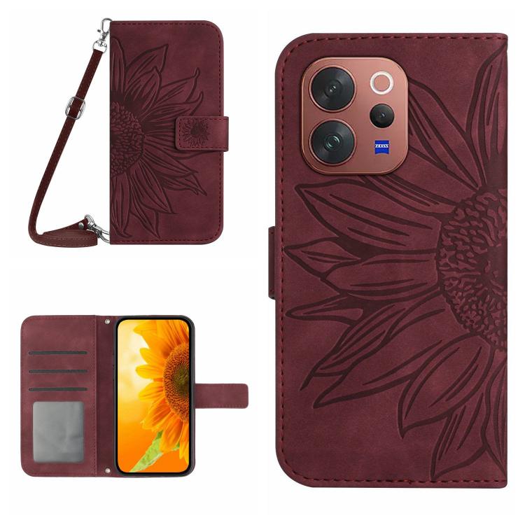 Skin Feel Custodia per telefono in pelle con flip in rilievo Sun Flower con cordino, For vivo V70 FE 5G, For vivo V70 5G Global / V70 Elite 5G
