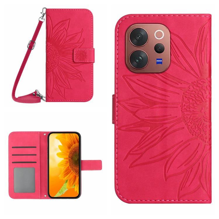 Skin Feel Custodia per telefono in pelle con flip in rilievo Sun Flower con cordino, For vivo V70 FE 5G, For vivo V70 5G Global / V70 Elite 5G