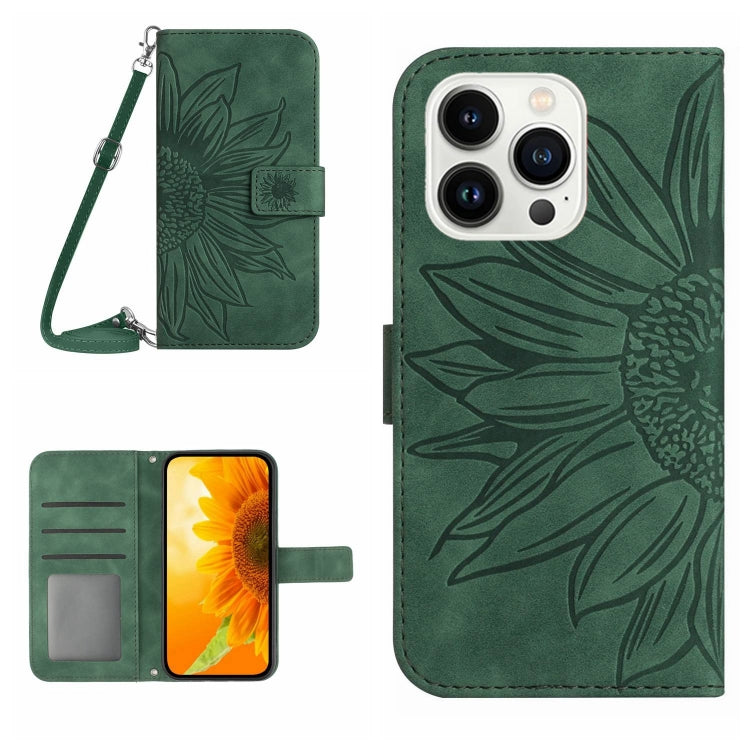 Skin Feel Custodia per telefono in pelle con flip in rilievo Sun Flower con cordino, iPhone 16e, For iPhone 15 Pro Max