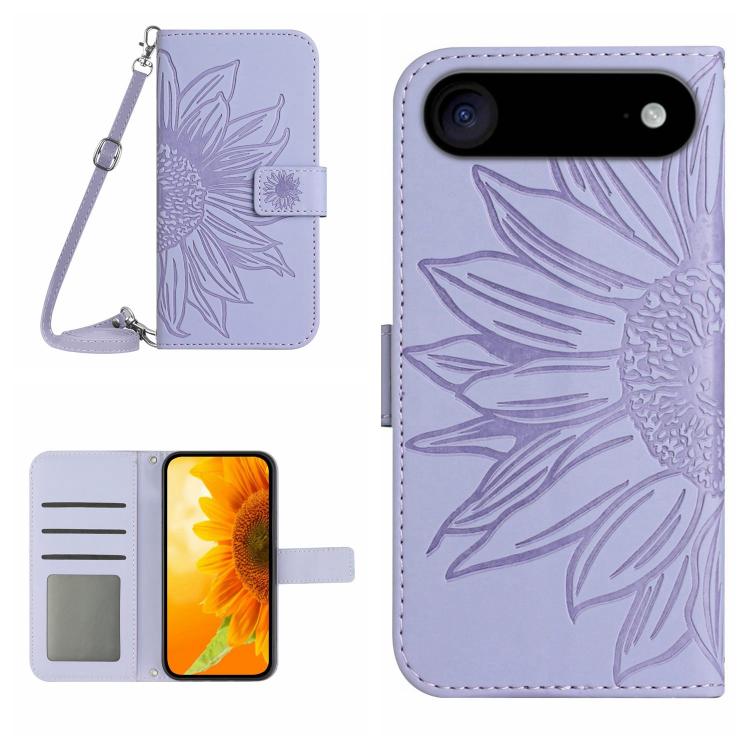 Skin Feel Custodia per telefono in pelle con flip in rilievo Sun Flower con cordino, iPhone 16e, For iPhone 15 Pro Max