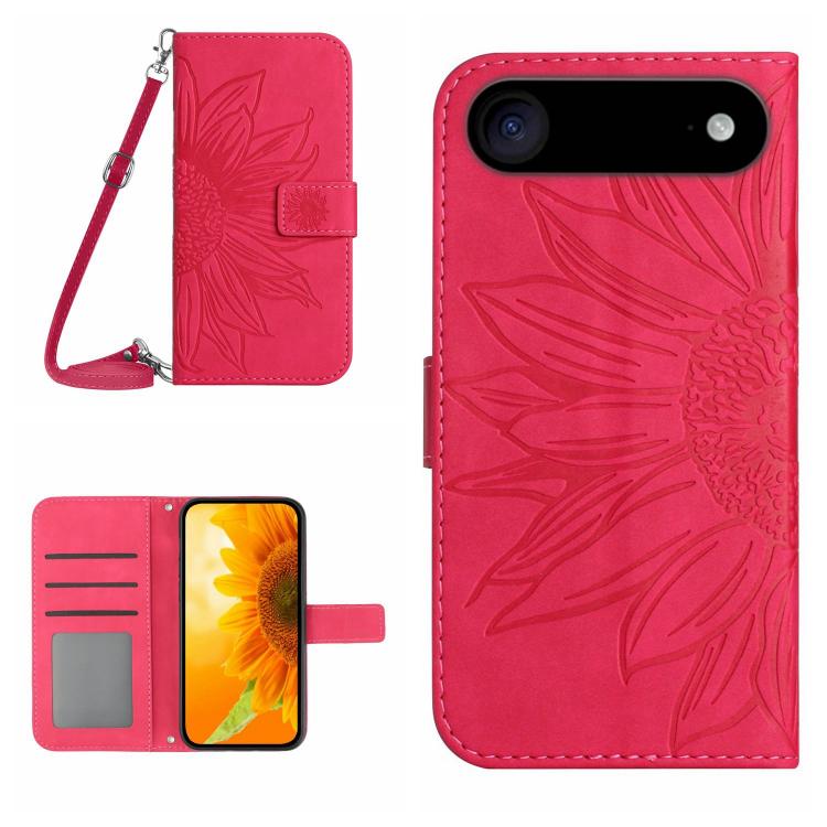 Skin Feel Custodia per telefono in pelle con flip in rilievo Sun Flower con cordino, iPhone 16e, For iPhone 15 Pro Max