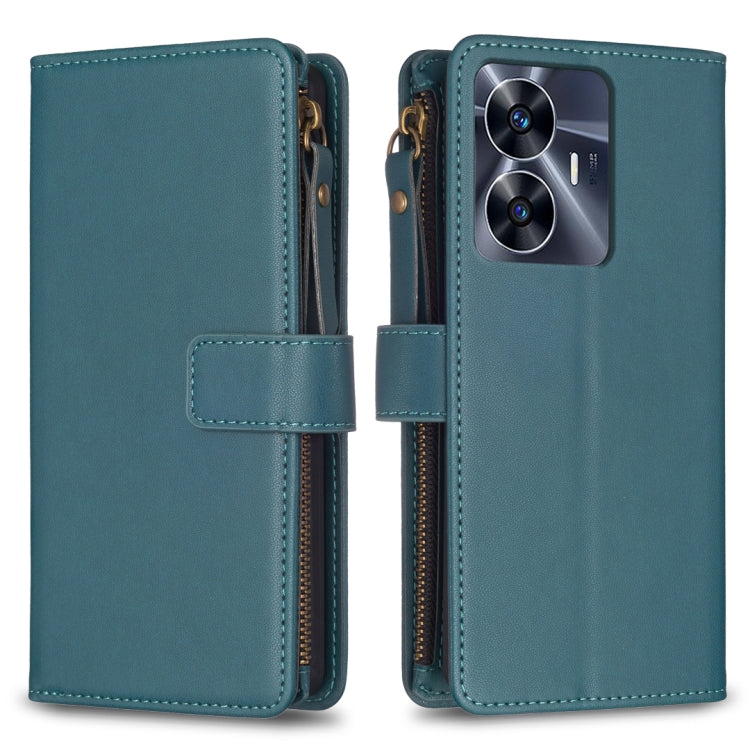 Custodia per telefono a conchiglia in pelle con portafoglio con cerniera a 9 slot per schede, For Realme C55, For Realme C53
