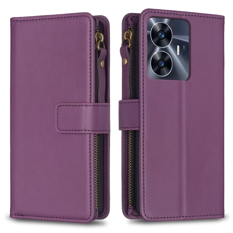 Custodia per telefono a conchiglia in pelle con portafoglio con cerniera a 9 slot per schede, For Realme C55, For Realme C53