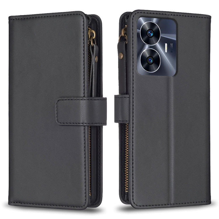 Custodia per telefono a conchiglia in pelle con portafoglio con cerniera a 9 slot per schede, For Realme C55, For Realme C53