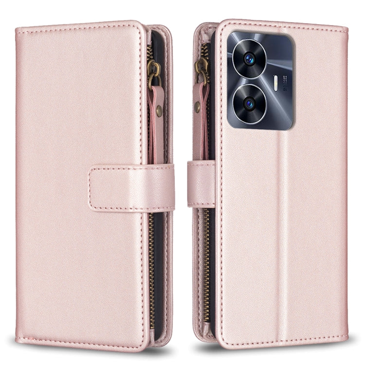 Custodia per telefono a conchiglia in pelle con portafoglio con cerniera a 9 slot per schede, For Realme C55, For Realme C53