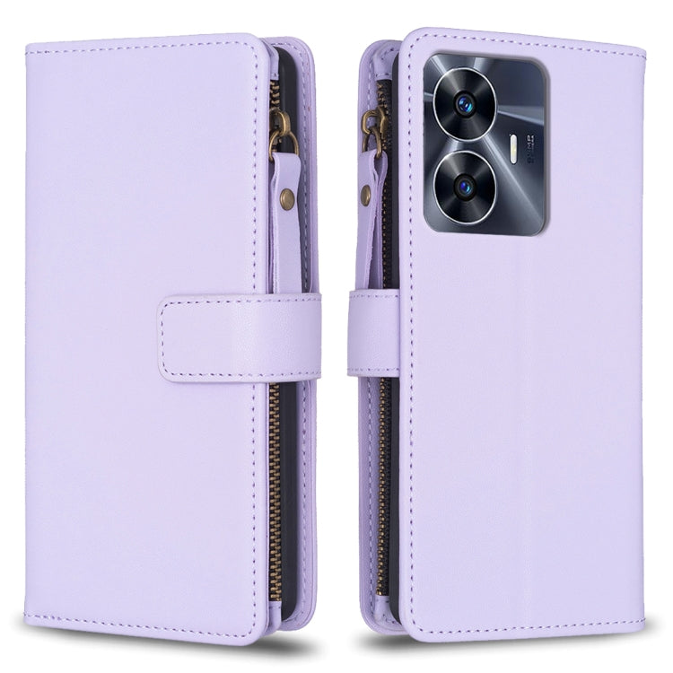 Custodia per telefono a conchiglia in pelle con portafoglio con cerniera a 9 slot per schede, For Realme C55, For Realme C53
