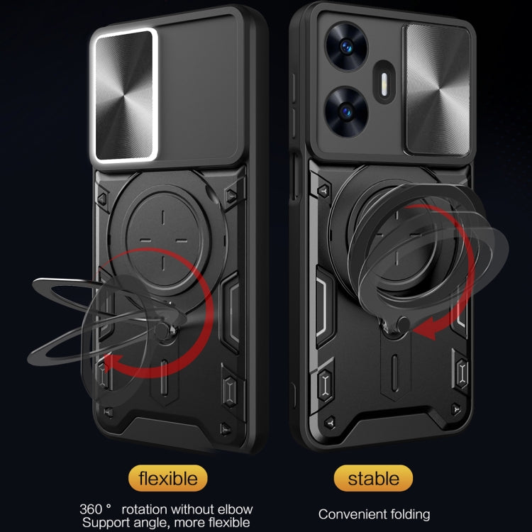 Custodia per telefono con supporto magnetico per camshield scorrevole con texture CD, For Realme C55 4G, For Realme GT3 5G, For Realme 10 Pro+ 5G, For Realme C35