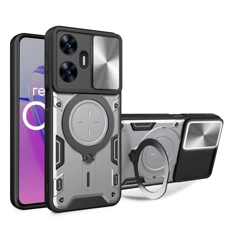 Custodia per telefono con supporto magnetico per camshield scorrevole con texture CD, For Realme C55 4G, For Realme GT3 5G, For Realme 10 Pro+ 5G, For Realme C35