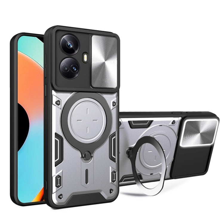 Custodia per telefono con supporto magnetico per camshield scorrevole con texture CD, For Realme C55 4G, For Realme GT3 5G, For Realme 10 Pro+ 5G, For Realme C35