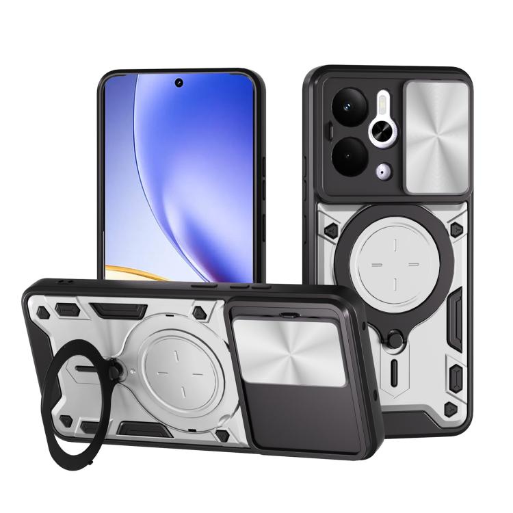 Custodia per telefono con supporto magnetico per camshield scorrevole con texture CD, For Realme P4 Power 5G, For Realme 16 Pro / 16 Pro+ 5G, For Realme 15x 5G, For Realme P3 5G / 14 5G Global