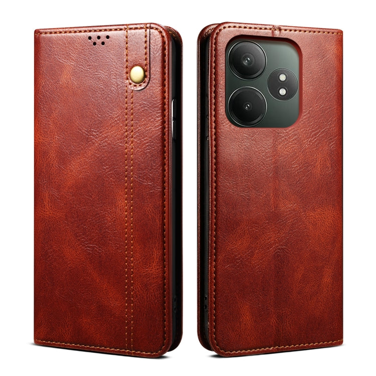 Custodia per telefono in pelle con trama di cavallo pazzo in cera d'olio, For Realme GT 6T 5G Global, For Realme GT 6 5G Global, For Realme C63 / C61, For Realme 12 Pro / 12 Pro+, For Realme GT5 Pro, For Realme 11 5G Global / 11x