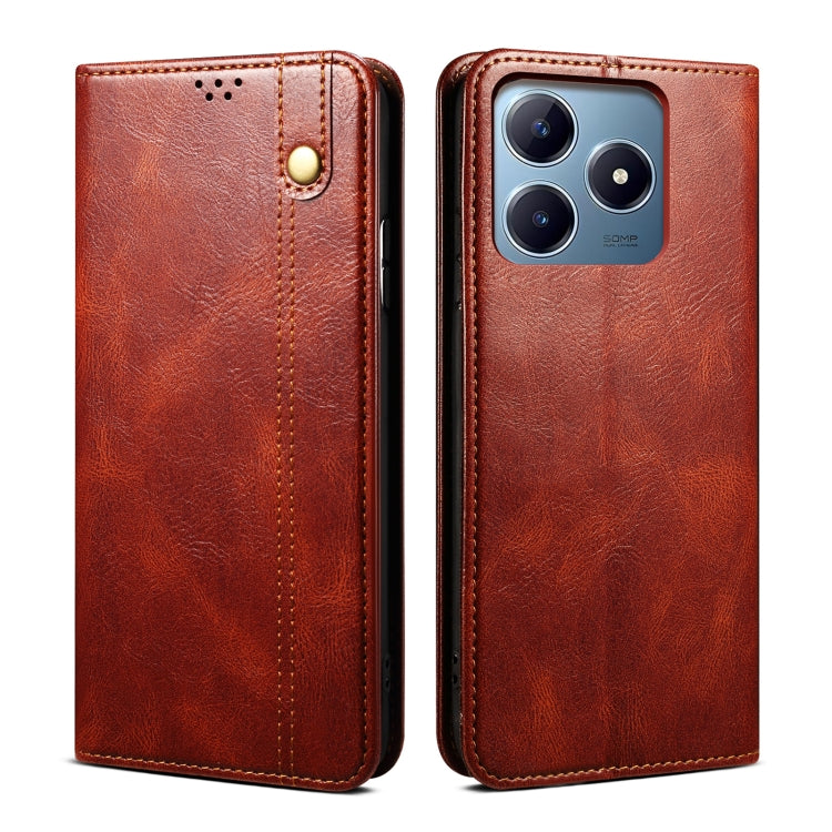 Custodia per telefono in pelle con trama di cavallo pazzo in cera d'olio, For Realme GT 6T 5G Global, For Realme GT 6 5G Global, For Realme C63 / C61, For Realme 12 Pro / 12 Pro+, For Realme GT5 Pro, For Realme 11 5G Global / 11x