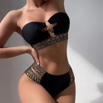 Costume da bagno bikini a due pezzi a vita alta in tinta unita sexy da donna, S, M, L, XL