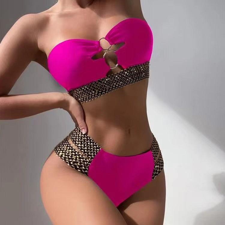 Costume da bagno bikini a due pezzi a vita alta in tinta unita sexy da donna, S, M, L, XL