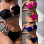 Costume da bagno bikini a due pezzi a vita alta in tinta unita sexy da donna, S, M, L, XL