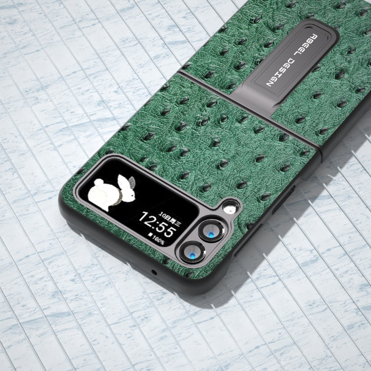 Custodia per telefono in vera pelle con trama di struzzo con supporto, For Samsung Galaxy Z Flip4