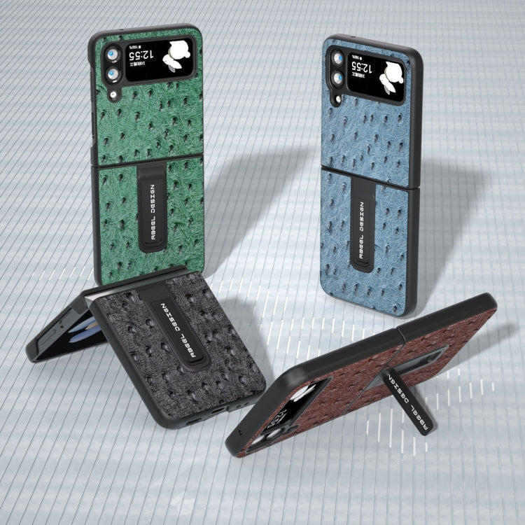 Custodia per telefono in vera pelle con trama di struzzo con supporto, For Samsung Galaxy Z Flip4