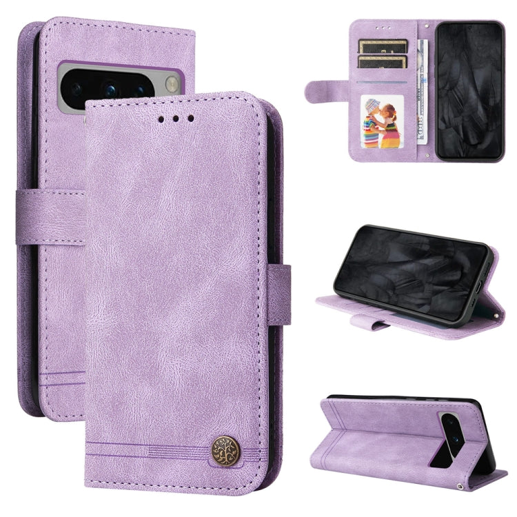 Custodia per telefono in pelle con bottone in metallo con albero della vita Skin Feel, For Google Pixel 9 Pro, For Google Pixel 9, For Google Pixel 8a, For Google Pixel 8 Pro