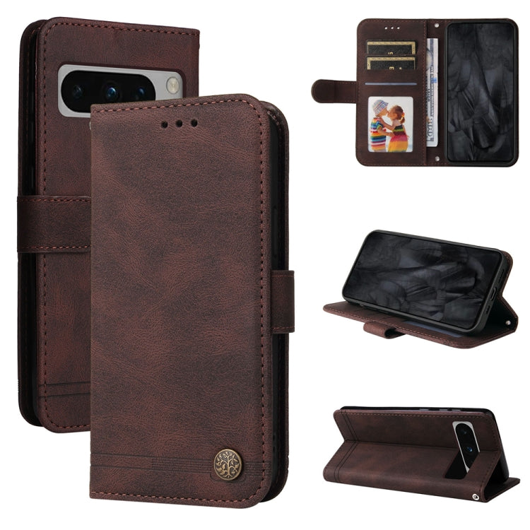 Custodia per telefono in pelle con bottone in metallo con albero della vita Skin Feel, For Google Pixel 9 Pro, For Google Pixel 9, For Google Pixel 8a, For Google Pixel 8 Pro