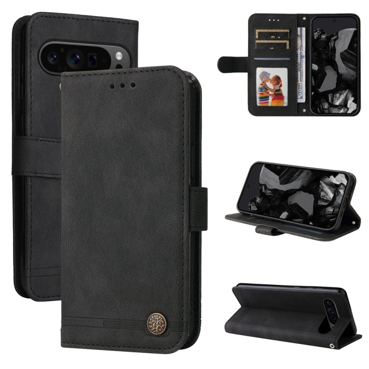 Custodia per telefono in pelle con bottone in metallo con albero della vita Skin Feel, For Google Pixel 9 Pro, For Google Pixel 9, For Google Pixel 8a, For Google Pixel 8 Pro
