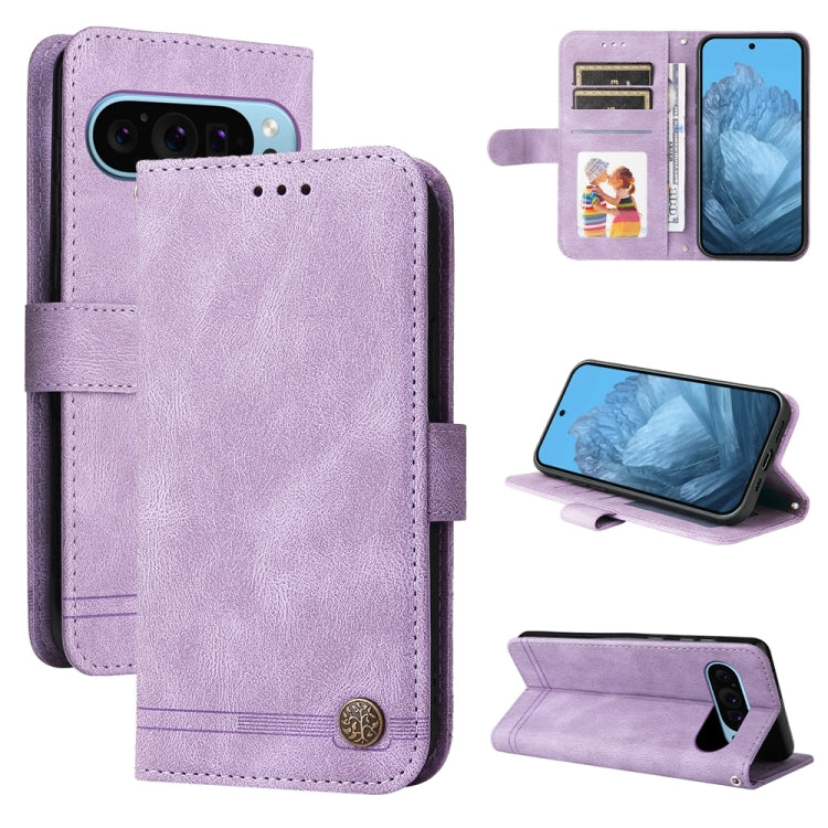 Custodia per telefono in pelle con bottone in metallo con albero della vita Skin Feel, For Google Pixel 9 Pro, For Google Pixel 9, For Google Pixel 8a, For Google Pixel 8 Pro