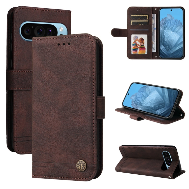 Custodia per telefono in pelle con bottone in metallo con albero della vita Skin Feel, For Google Pixel 9 Pro, For Google Pixel 9, For Google Pixel 8a, For Google Pixel 8 Pro