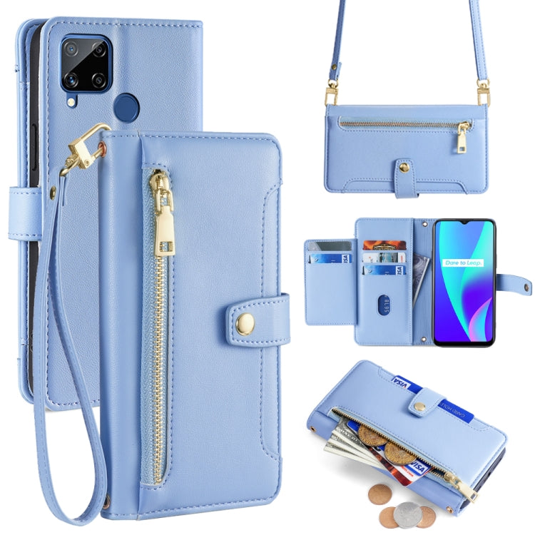 Custodia per telefono in pelle con portafoglio con cerniera a tracolla Lite Sheep Texture, For Realme C15