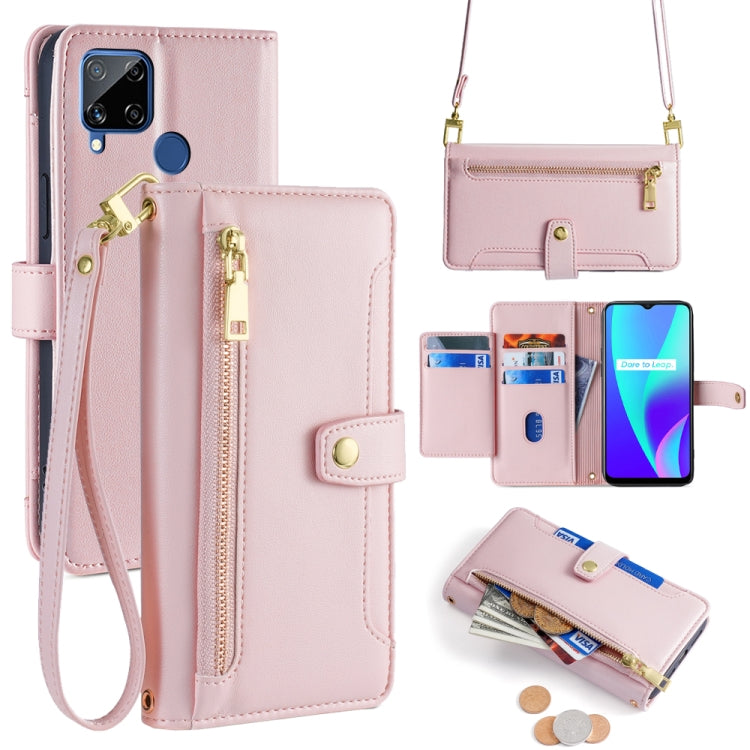 Custodia per telefono in pelle con portafoglio con cerniera a tracolla Lite Sheep Texture, For Realme C15