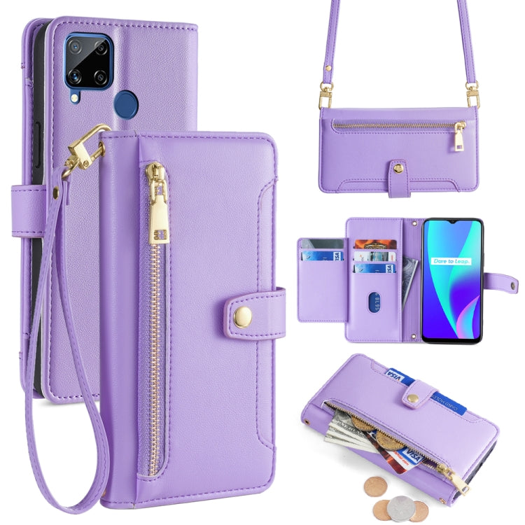 Custodia per telefono in pelle con portafoglio con cerniera a tracolla Lite Sheep Texture, For Realme C15