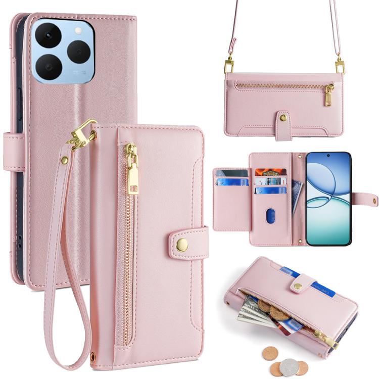 Custodia per telefono in pelle con portafoglio con cerniera a tracolla Lite Sheep Texture, For Realme C85 5G, For Realme C85 Pro 4G, For Realme 15T 5G Global, For Realme C71 4G