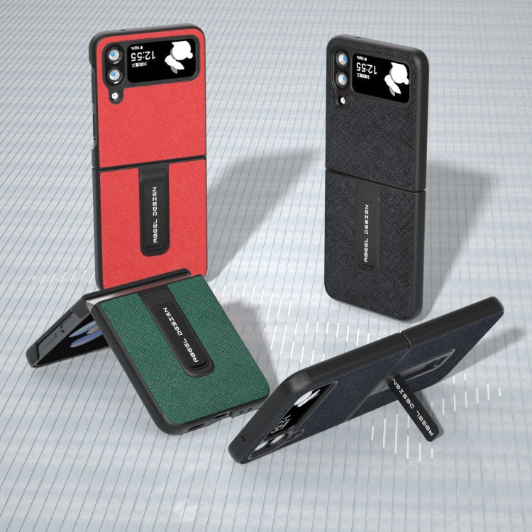 Custodia per telefono in vera pelle con trama incrociata con supporto, For Samsung Galaxy Z Flip4, For Samsung Galaxy Z Flip3 5G