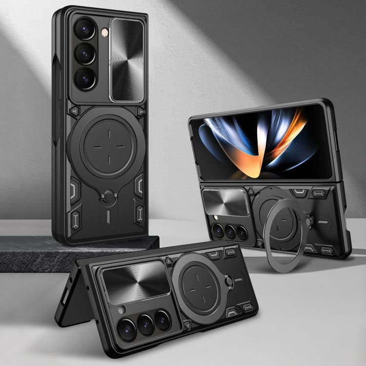 Custodia per telefono con supporto magnetico per camshield scorrevole con texture CD, For Samsung Galaxy Z Fold7, For Samsung Galaxy Z Fold5