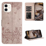 Custodia portafoglio in pelle con motivo gatto per iPhone 12 mini
