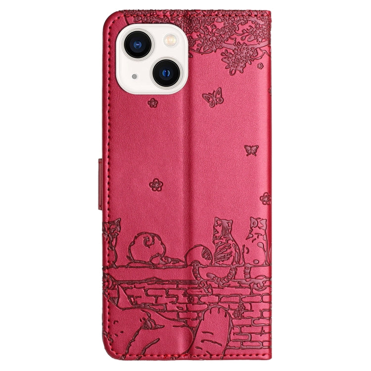 Custodia per telefono in pelle con motivo in rilievo di gatto con cordino, For iPhone 15, For iPhone 14 Plus, For iPhone 14, For iPhone 14 Pro