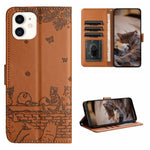 Custodia portafoglio in pelle con motivo gatto per iPhone 12 mini