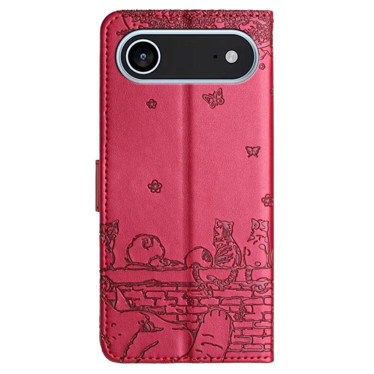 Custodia in pelle con motivo gatto per iPhone 16e e 15 Pro
