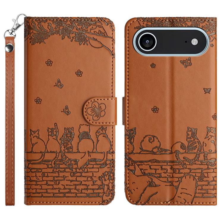 Custodia in pelle con motivo gatto per iPhone 16e e 15 Pro