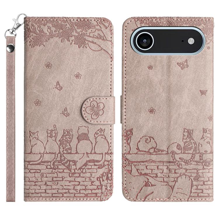 Custodia in pelle con motivo gatto per iPhone 16e e 15 Pro