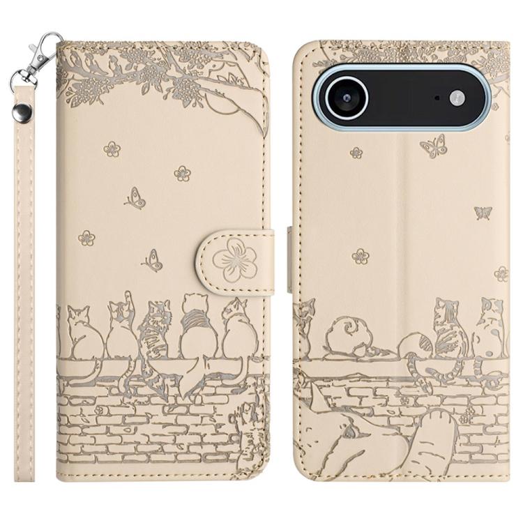 Custodia in pelle con motivo gatto per iPhone 16e e 15 Pro