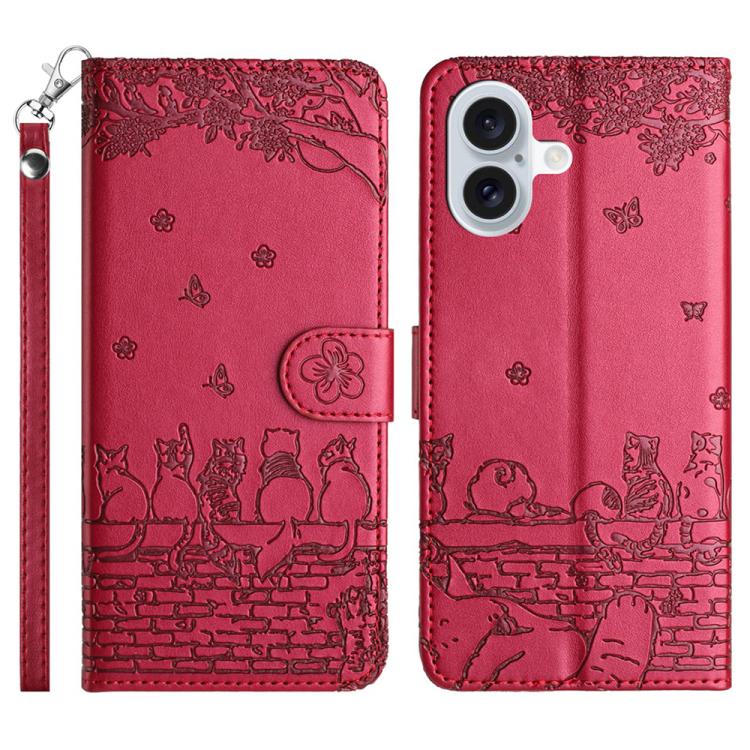 Custodia in pelle con motivo gatto per iPhone 16
