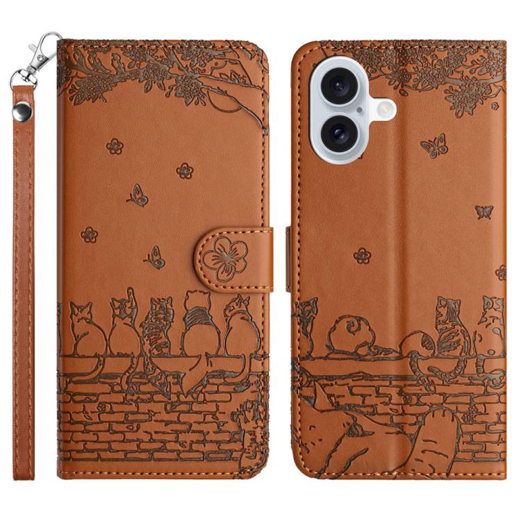 Custodia in pelle con motivo gatto per iPhone 16