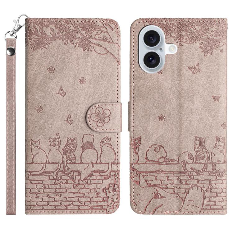 Custodia in pelle con motivo gatto per iPhone 16